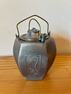 Vintage Chinese Pewter Choshi Teapot Dragon Design Panels & Turtle Finial Lid